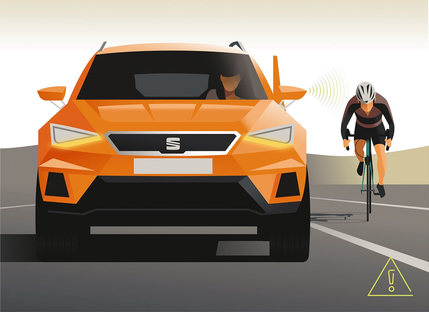 Illustratie van side-assist: visuele weergave van een auto, het seintje uit de zijspiegel en een fietser in de dode hoek naast de auto.