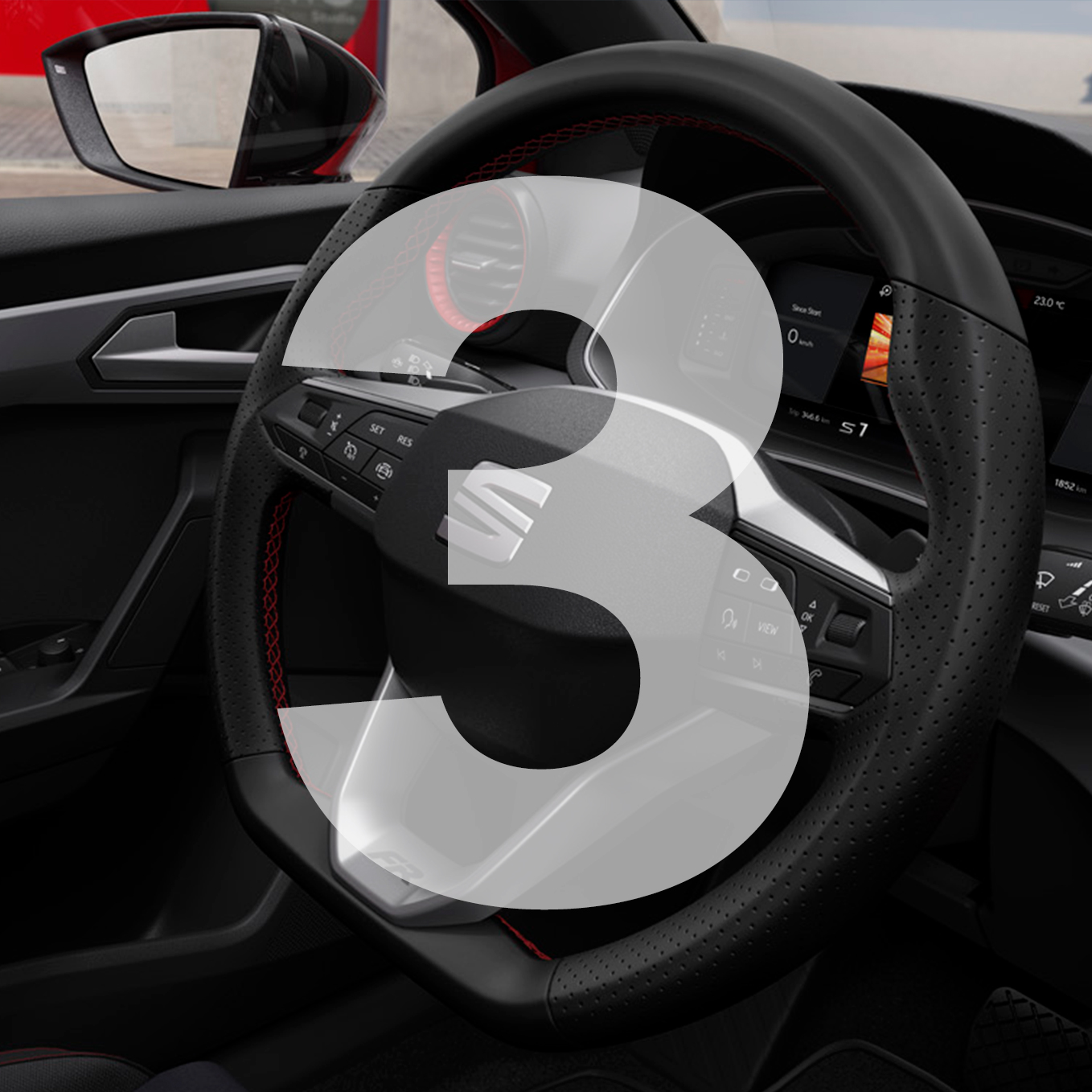 Close-up van het stuurwiel van de nieuwe SEAT Ibiza met een grote 3 erbij