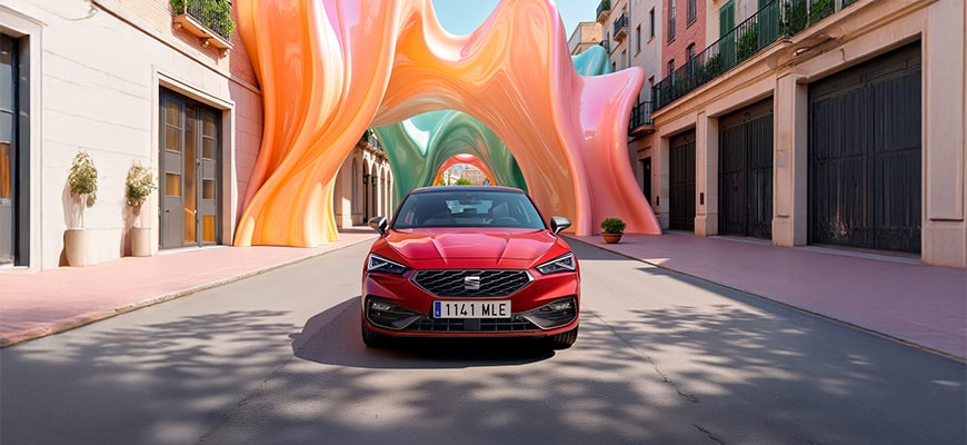 Rode SEAT Leon vooraanzicht met oranje abstracte vormen op de achtergrond