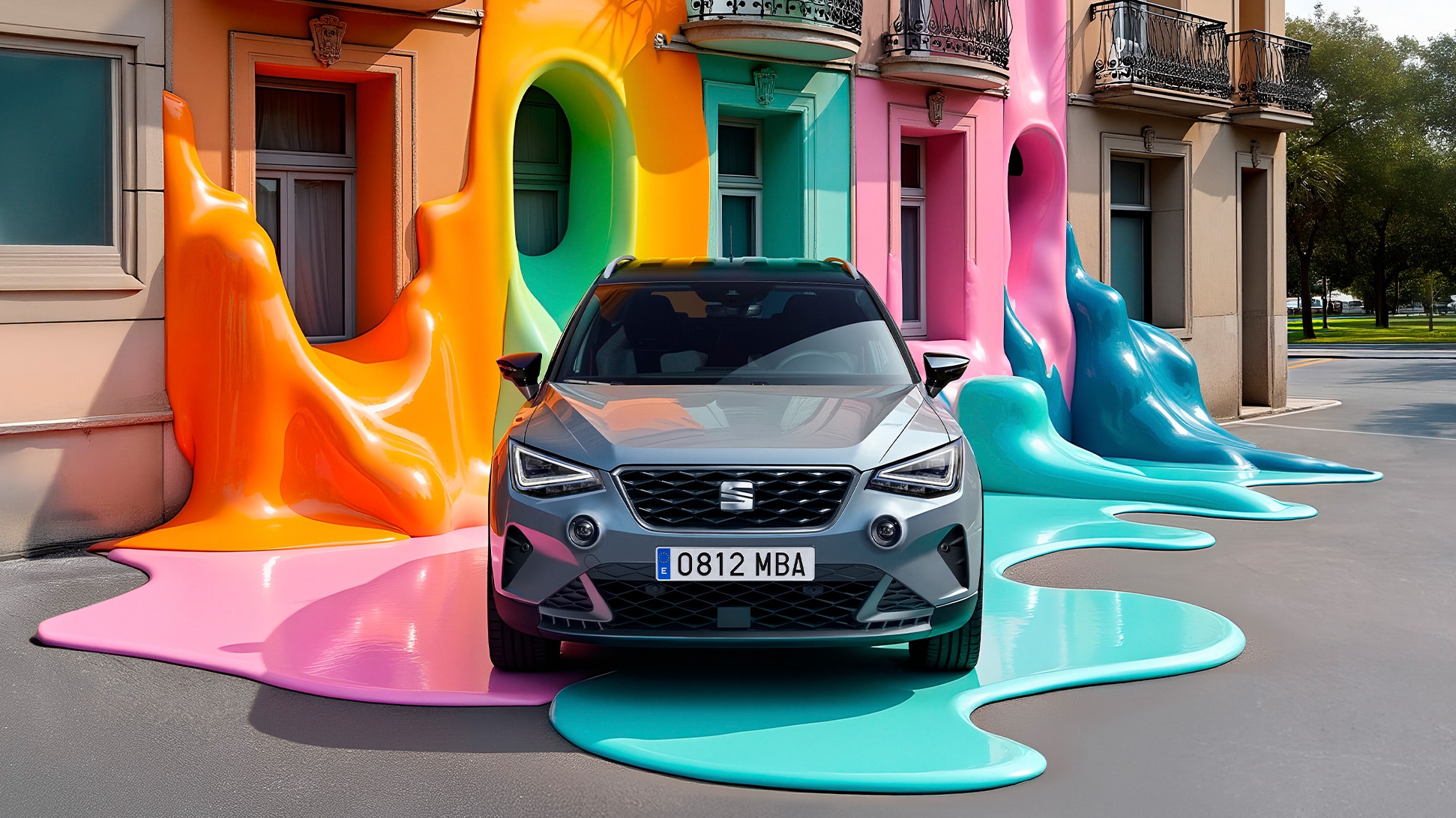 Een grijze SEAT Arona met kleurrijke achtergrond