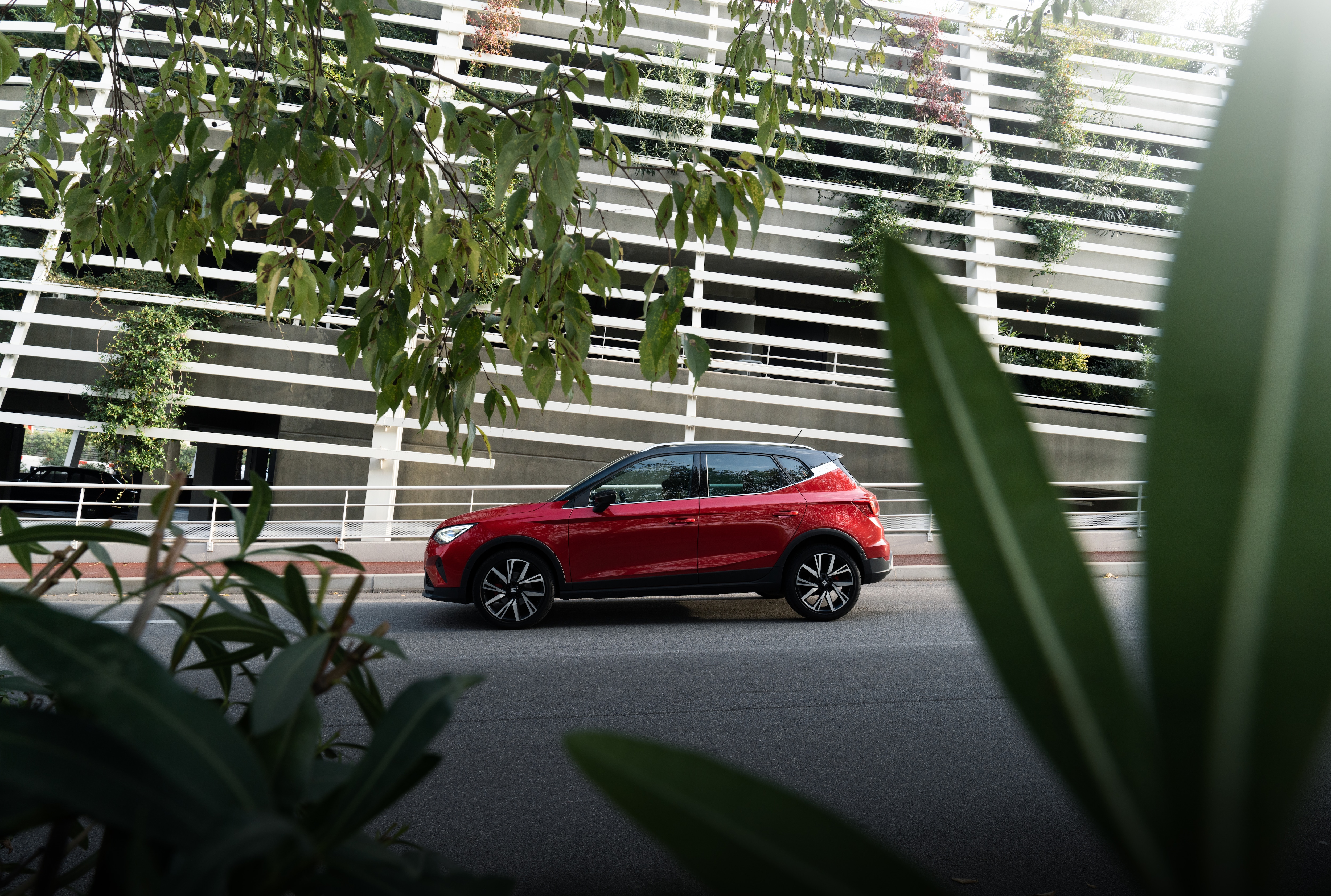 Rode SEAT Arona FR met planten erom heen