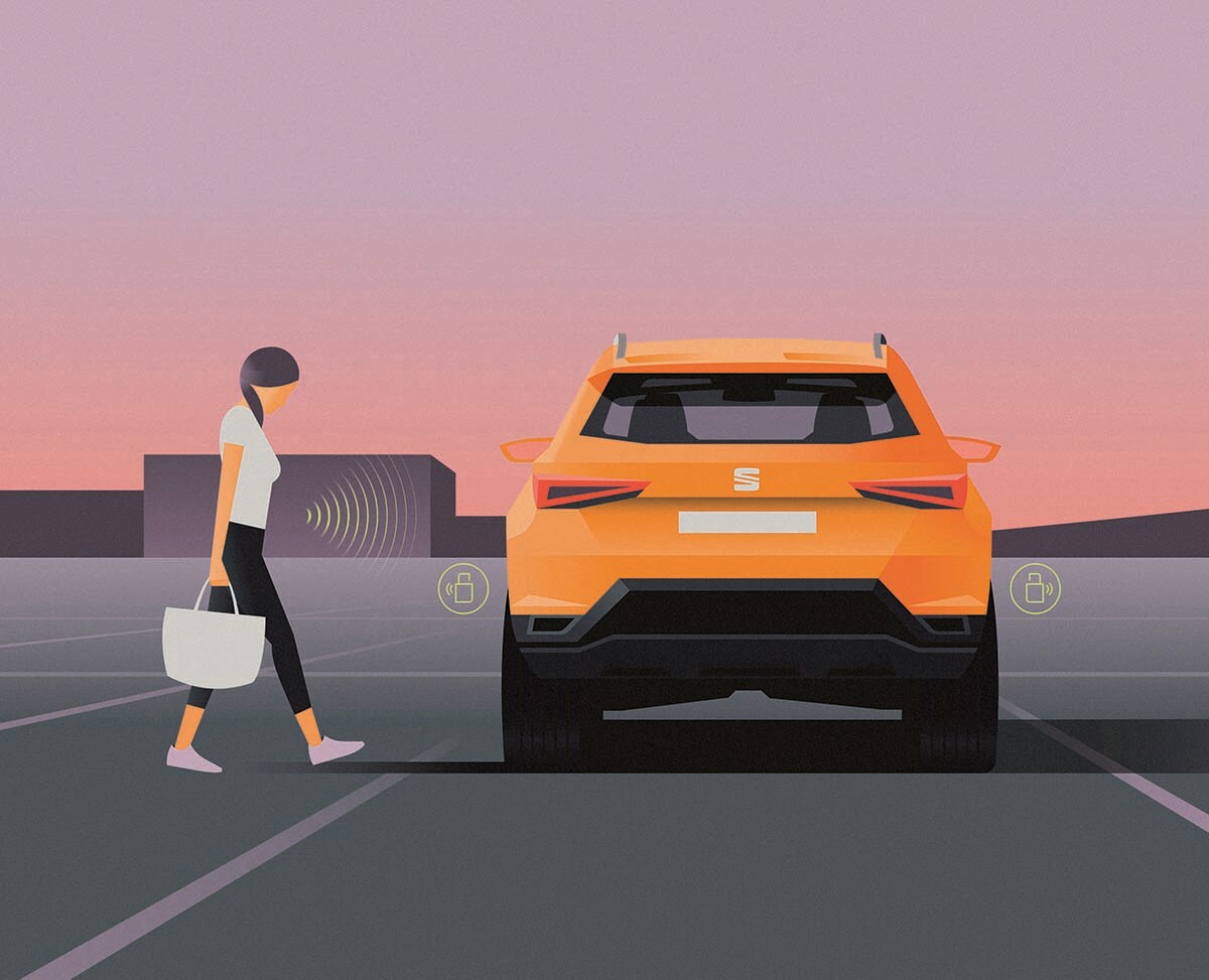 Ilustratie van vrouw die Ateca opent door middel van de feature Keyless Entry/Go