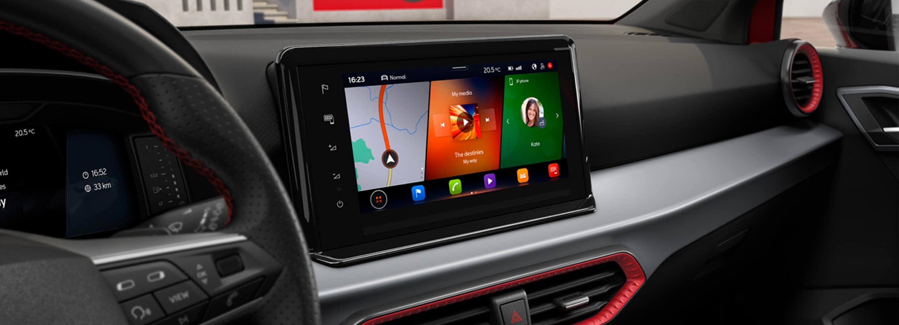 Close-up van een infotainmentsysteem in een SEAT Ibiza