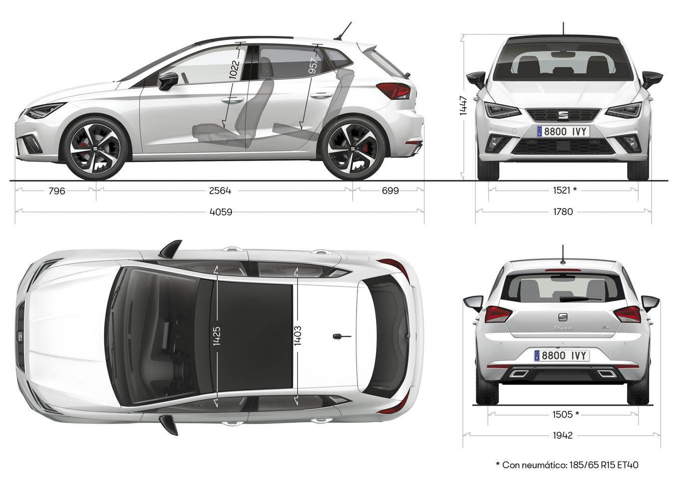 Illustraties van de SEAT Ibiza met daarbij de afmetingen in centimeters