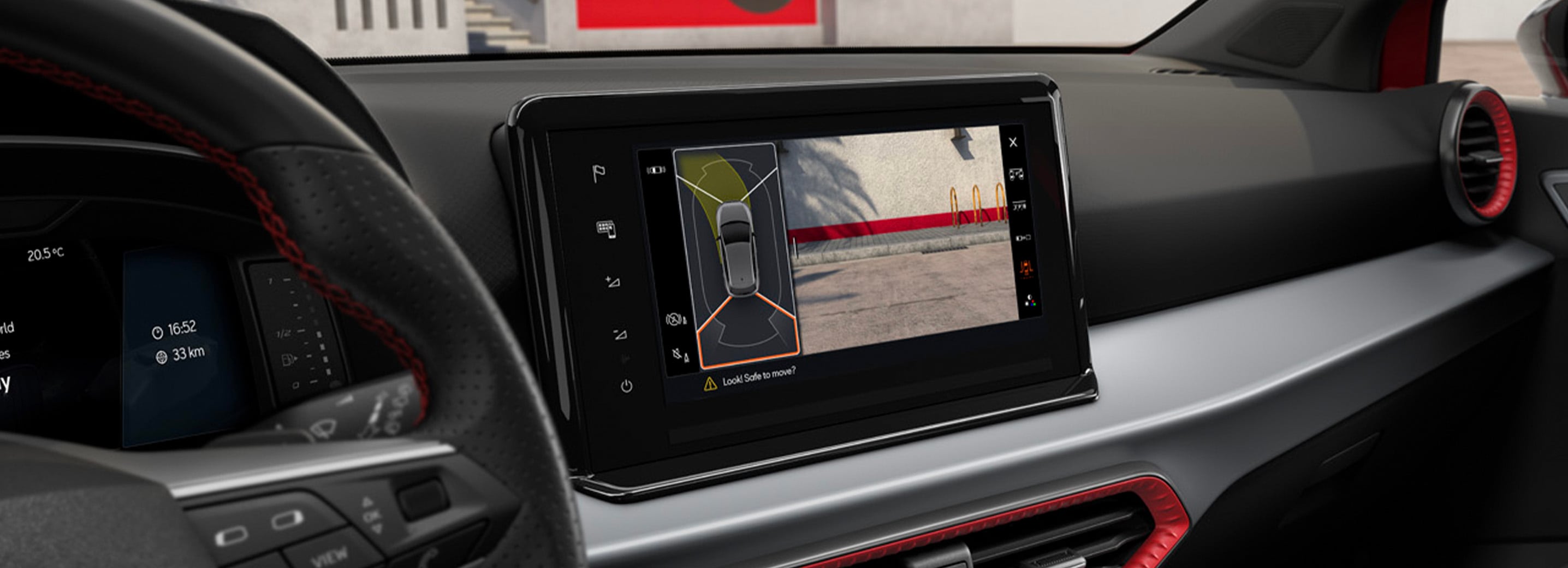 Close-up van de achteruitrijcamera verbonden met het mediasysteem in de SEAT Ibiza