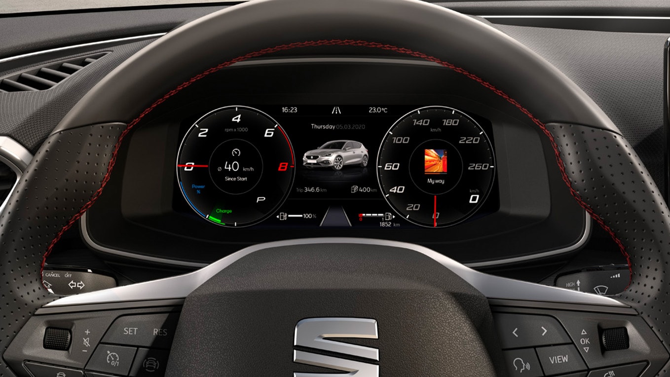 Close-up van de virtual cockpit in de SEAT Leon