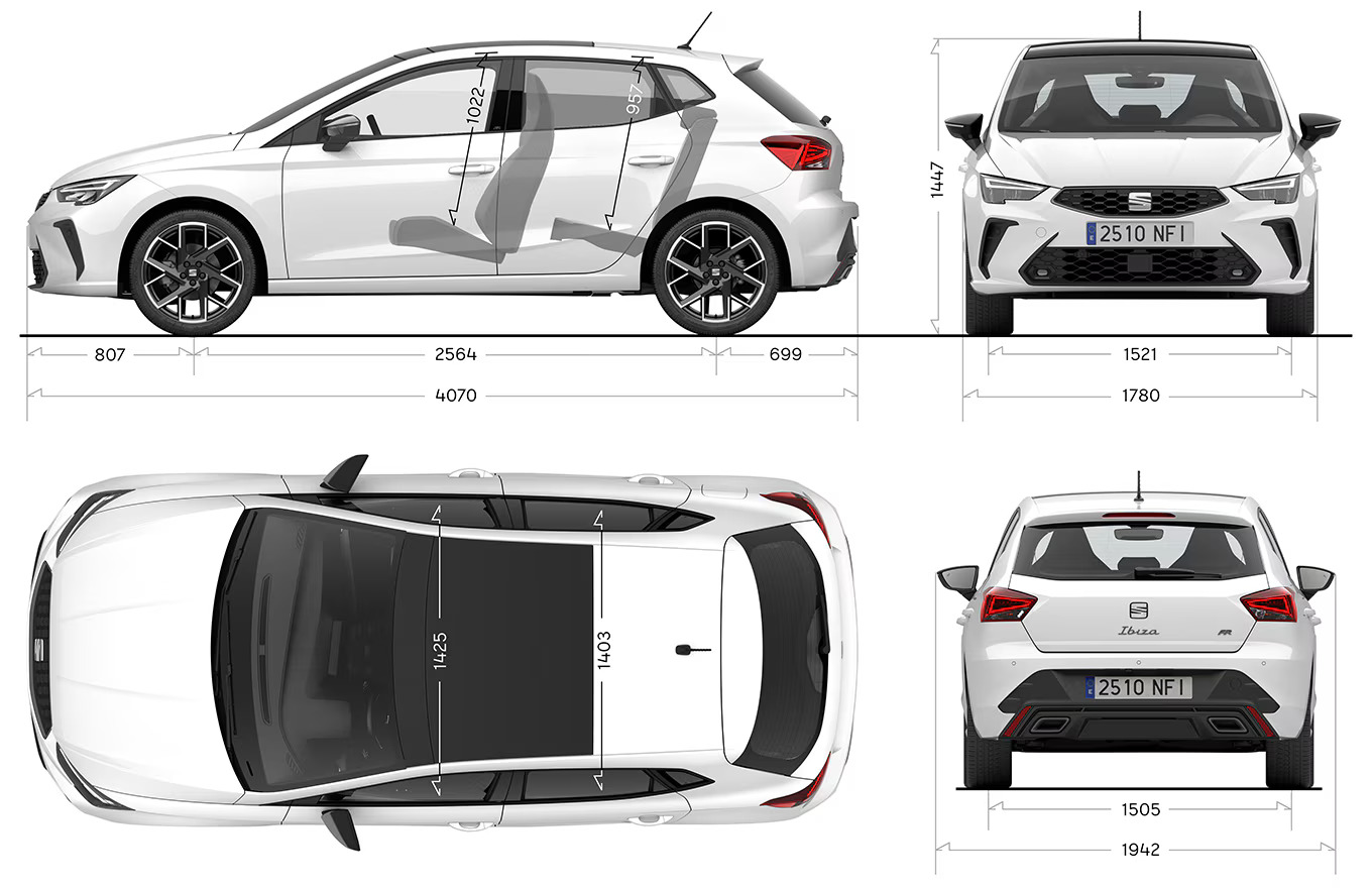 Illustraties van de SEAT Ibiza met daarbij de afmetingen in centimeters