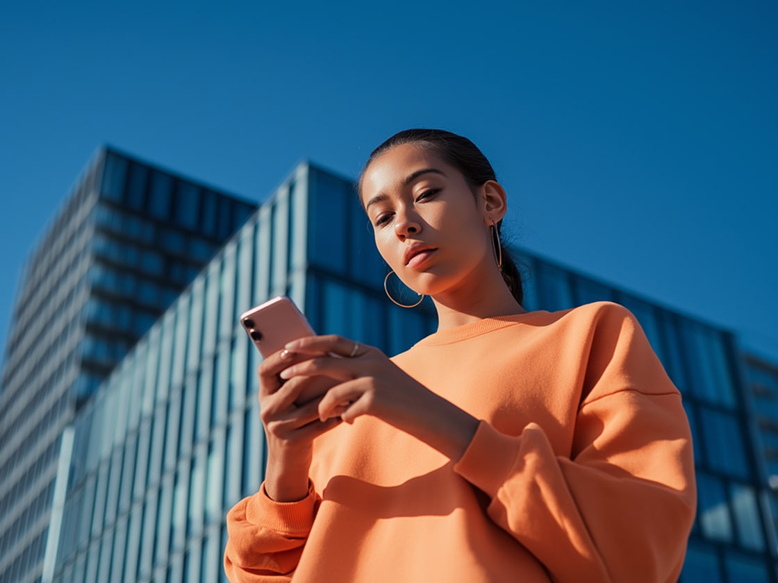 Vrouw die naar haar telefoon kijkt