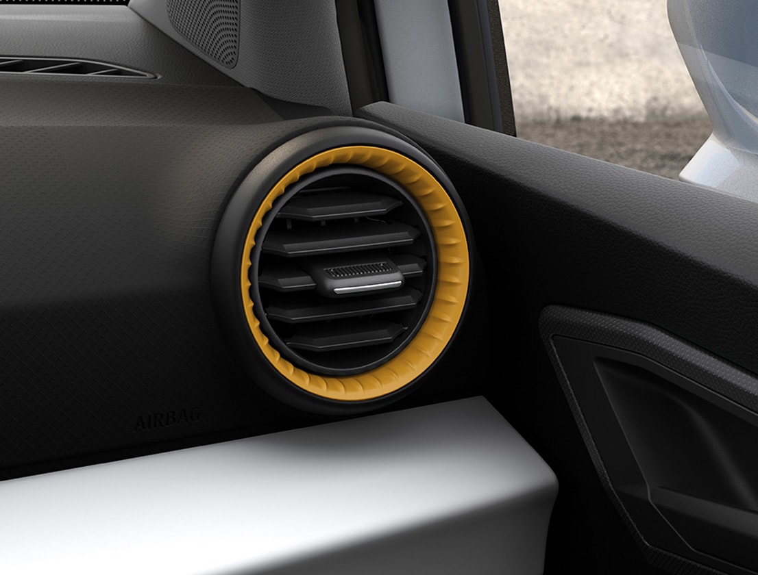 Close-up van de luchtuitstroomroosters in Honey Mustard, SEAT Arona interieur