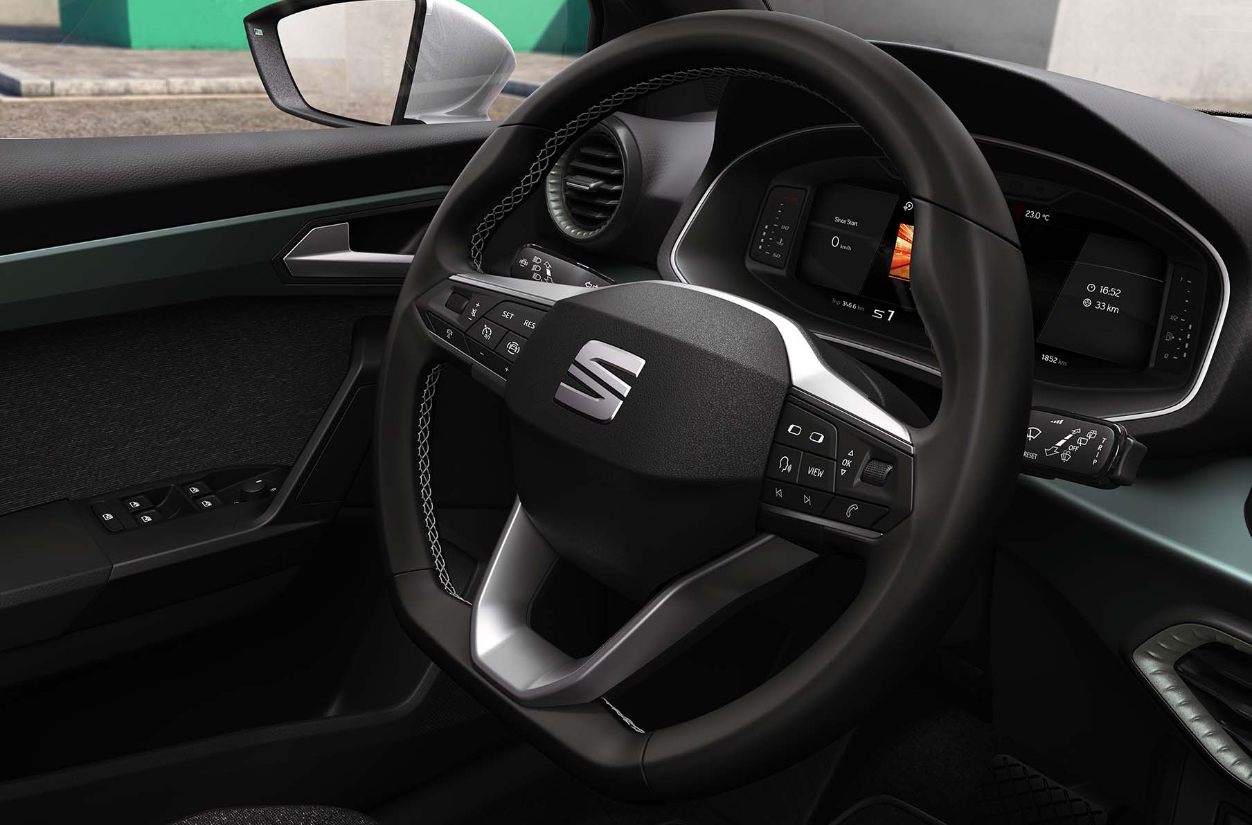Close-up van multifunctioneel stuurwiel van de SEAT Arona