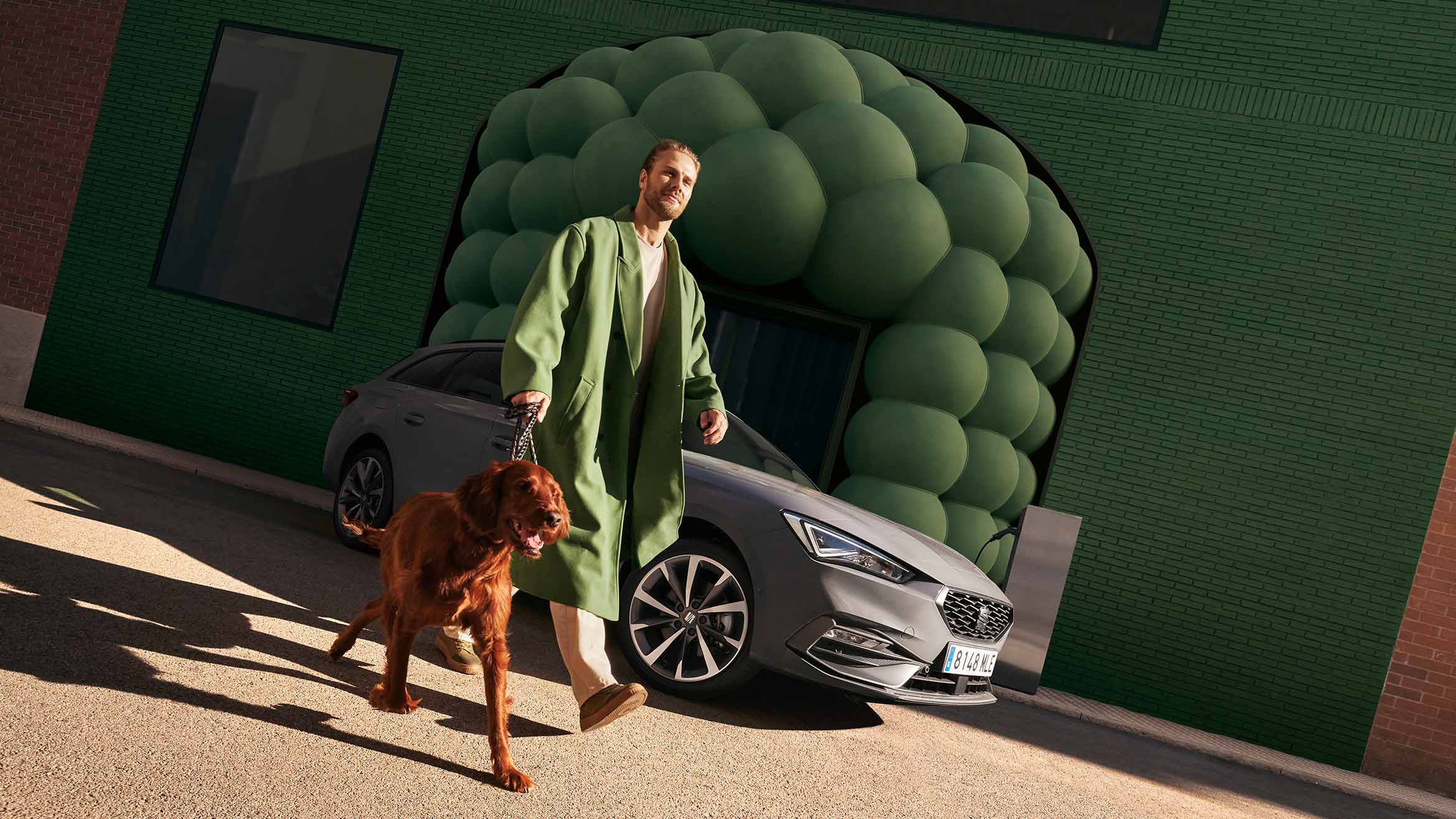 Man die met zijn hond loopt langs een grijze SEAT Leon Sportsourer