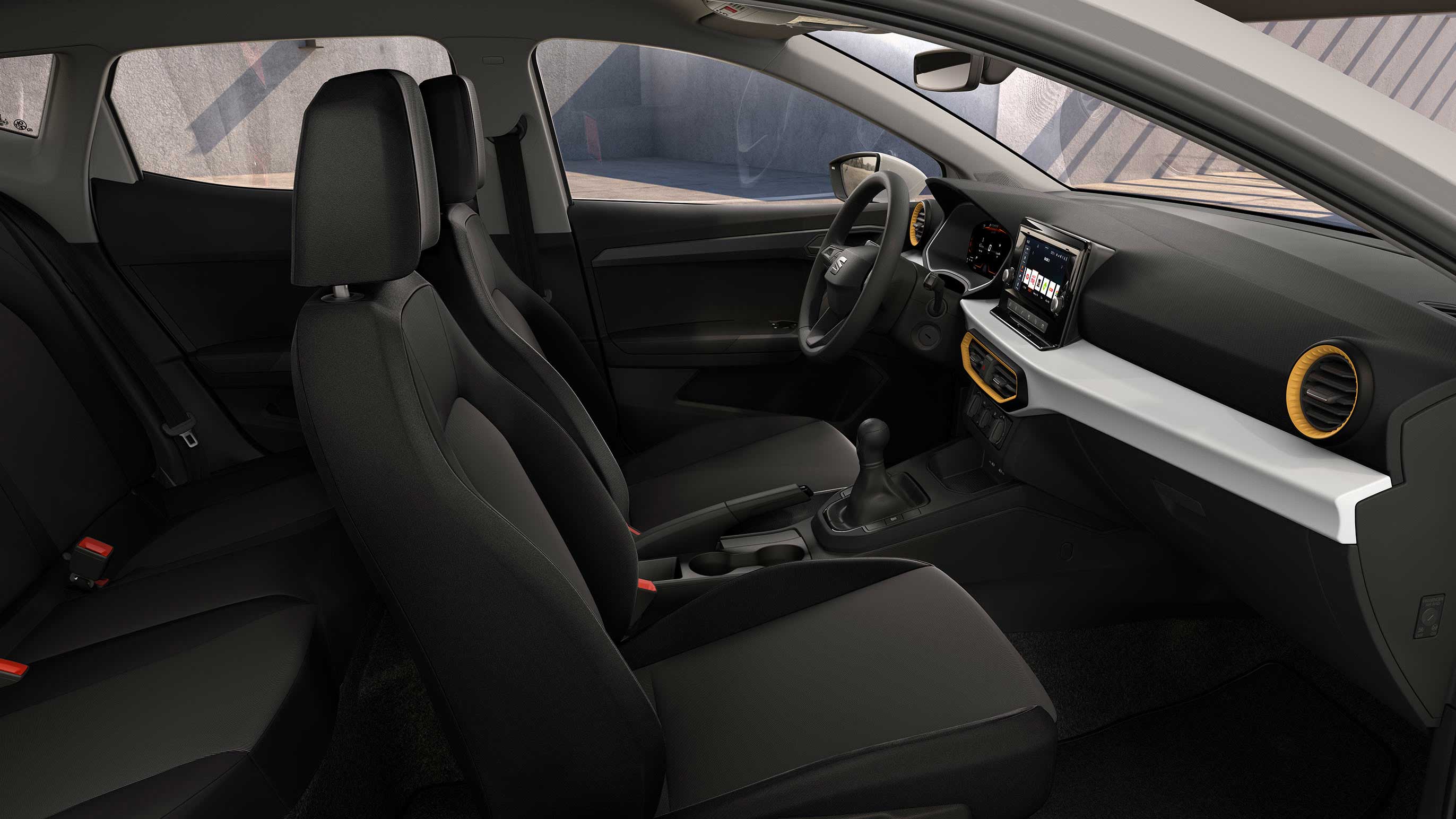 Interieur van de SEAT Ibiza met zwarte bekleding stof 'Acero'