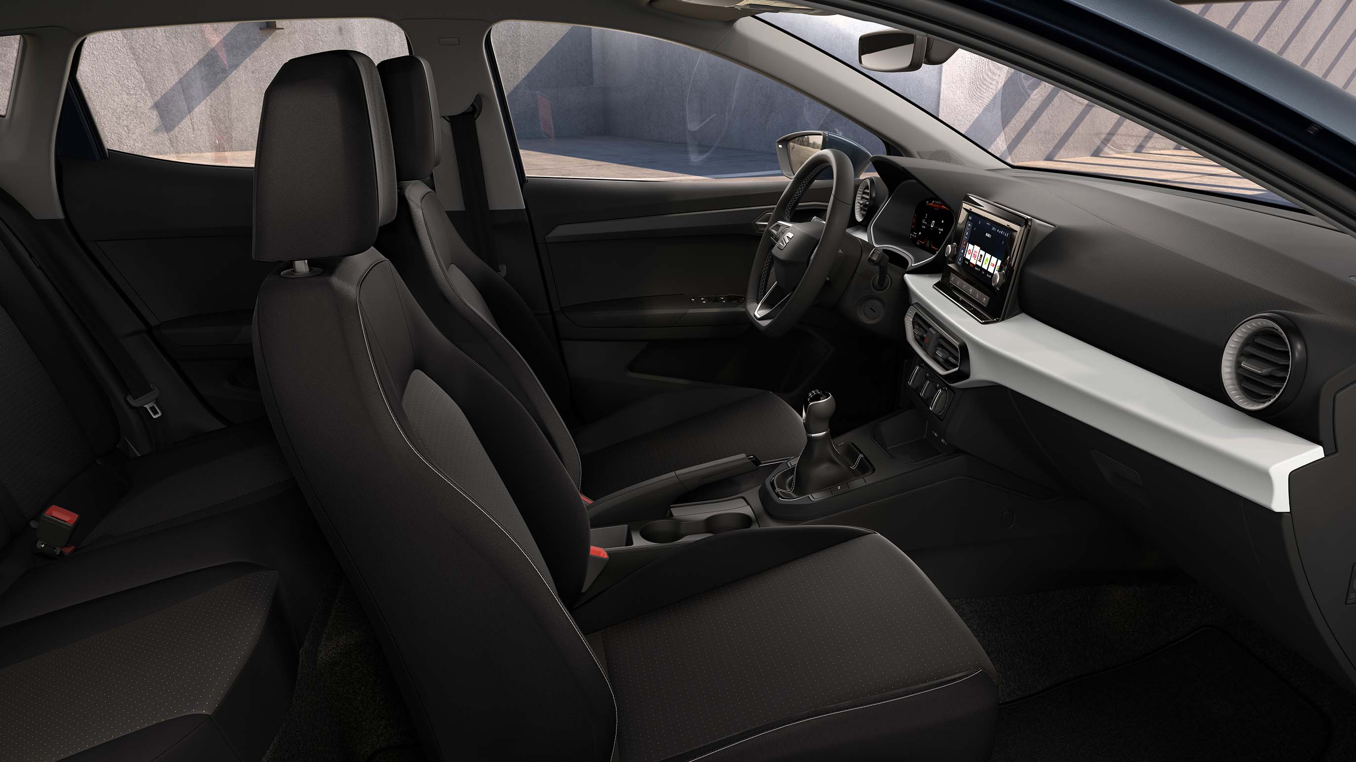 Interieur van de SEAT Ibiza met zwarte bekleding stof, "Como"